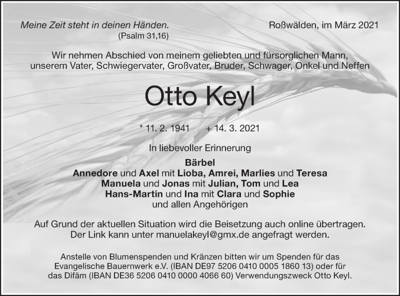  Traueranzeige für Otto Keyl vom 17.03.2021 aus NWZ Neue Württembergische Zeitung