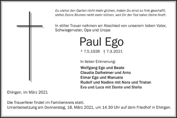 Traueranzeige von Paul Ego von SÜDWEST PRESSE Ausgabe Ulm/Neu-Ulm