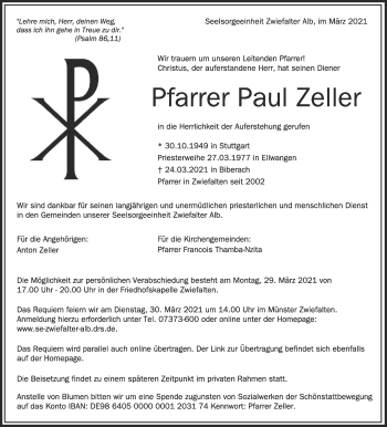 Traueranzeige von Paul Zeller von Alb-Bote/Metzinger-Uracher Volksblatt