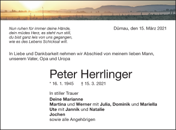 Traueranzeige von Peter Herrlinger von NWZ Neue Württembergische Zeitung/Geislinger Zeitung