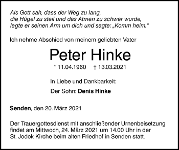 Traueranzeige von Peter Hinke von SÜDWEST PRESSE Ausgabe Ulm/Neu-Ulm