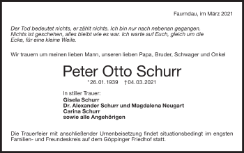 Traueranzeige von Peter Otto Schurr von NWZ Neue Württembergische Zeitung