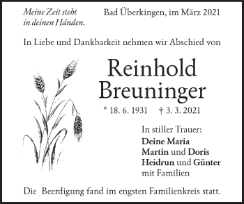 Traueranzeige von Reinhold Breuninger von Geislinger Zeitung