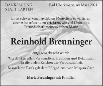 Traueranzeige von Reinhold Breuninger von Geislinger Zeitung