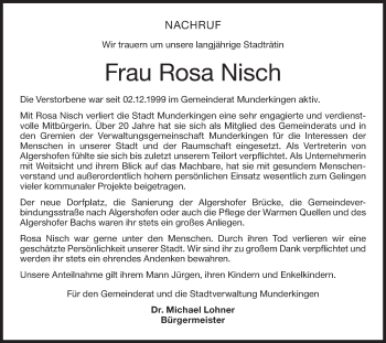 Traueranzeige von Rosa Nisch von Ehinger Tagblatt