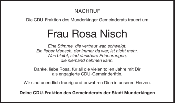 Traueranzeige von Rosa Nisch von Ehinger Tagblatt