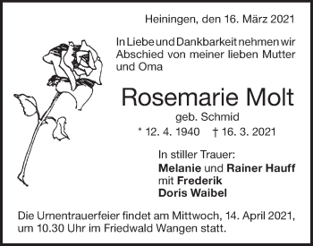 Traueranzeige von Rosemarie Molt von NWZ Neue Württembergische Zeitung