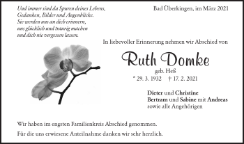 Traueranzeige von Ruth Domke von Geislinger Zeitung