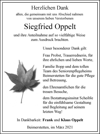 Traueranzeige von Siegfried Oppelt von SÜDWEST PRESSE Ausgabe Ulm/Neu-Ulm