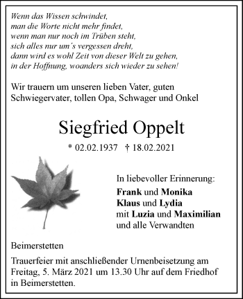 Traueranzeige von Siegfried Oppelt von SÜDWEST PRESSE Ausgabe Ulm/Neu-Ulm