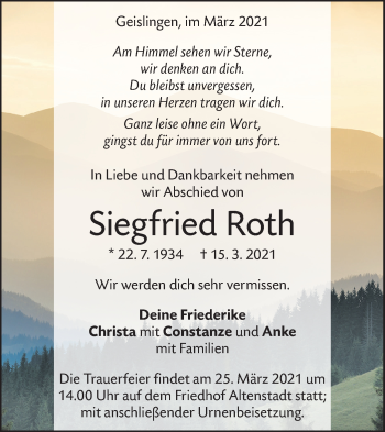 Traueranzeige von Siegfried Roth von Geislinger Zeitung