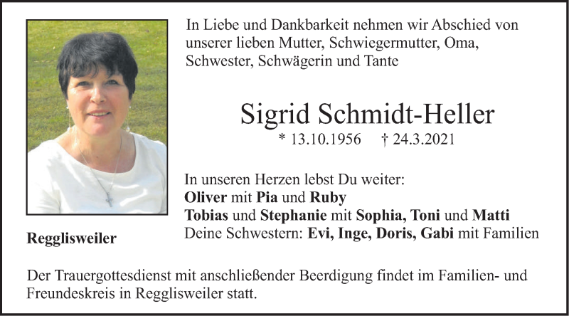  Traueranzeige für Sigrid Schmidt-Heller vom 26.03.2021 aus Illertal Bote