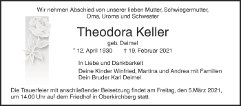 Traueranzeige von Theodora Keller von SÜDWEST PRESSE Ausgabe Ulm/Neu-Ulm