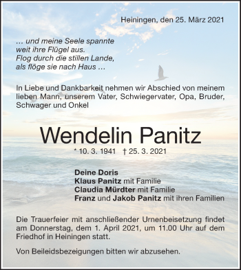 Traueranzeige von Wendelin Panitz von NWZ Neue Württembergische Zeitung