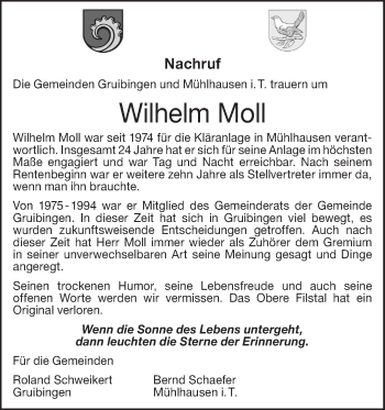 Traueranzeige von Wilhelm Moll von NWZ Neue Württembergische Zeitung/Geislinger Zeitung