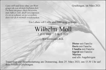 Traueranzeige von Wilhelm Moll von NWZ Neue Württembergische Zeitung/Geislinger Zeitung