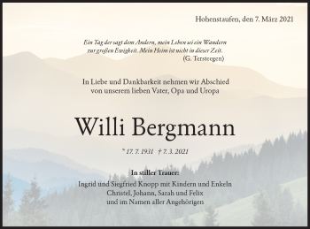 Traueranzeige von Willi Bergmann von NWZ Neue Württembergische Zeitung