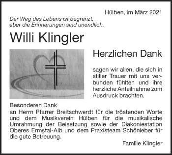 Traueranzeige von Willi Klingler von Metzinger-Uracher Volksblatt