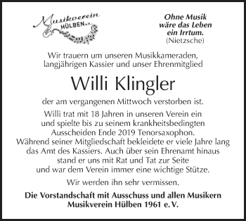 Traueranzeige von Willi Klingler von Metzinger-Uracher Volksblatt