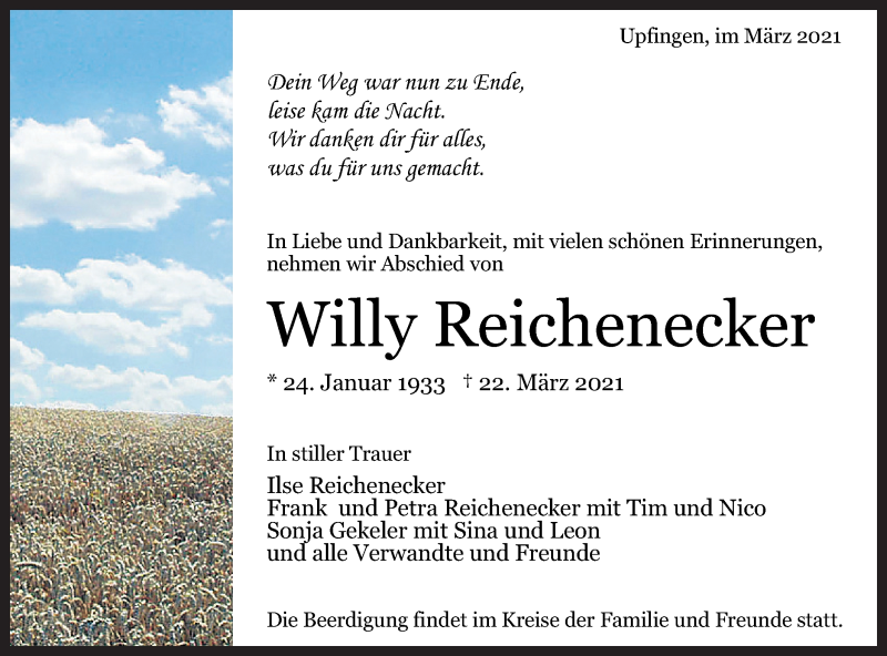  Traueranzeige für Willy Reichenecker vom 24.03.2021 aus Südwest Presse Trauer