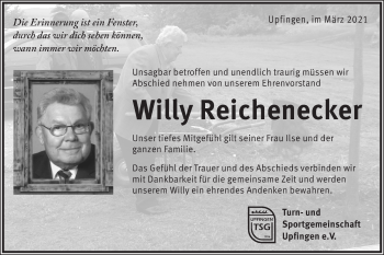 Traueranzeige von Willy Reichenecker von Metzinger-Uracher Volksblatt