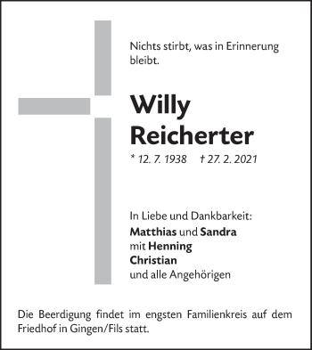 Traueranzeige von Willy Reicherter von Geislinger Zeitung