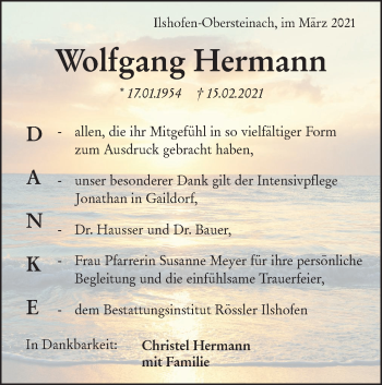 Traueranzeige von Wolfgang Hermann von Haller Tagblatt