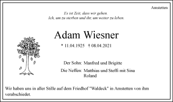 Traueranzeige von Adam Wiesner von Geislinger Zeitung