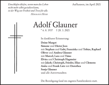 Traueranzeige von Adolf Glauner von Geislinger Zeitung