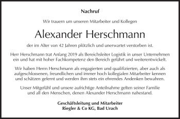 Traueranzeige von Alexander Herschmann von Metzinger-Uracher Volksblatt