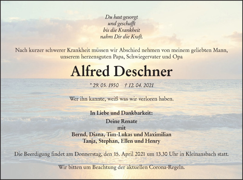  Traueranzeige für Alfred Deschner vom 15.04.2021 aus Hohenloher Tagblatt