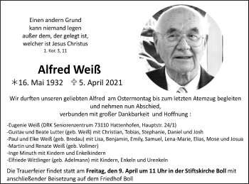 Traueranzeige von Alfred Weiß von NWZ Neue Württembergische Zeitung