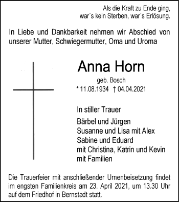 Traueranzeige von Anna Horn von SÜDWEST PRESSE Ausgabe Ulm/Neu-Ulm