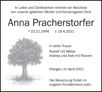 Traueranzeige von Anna Pracherstorfer von Ehinger Tagblatt