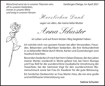 Traueranzeige von Anna Schuster von Geislinger Zeitung