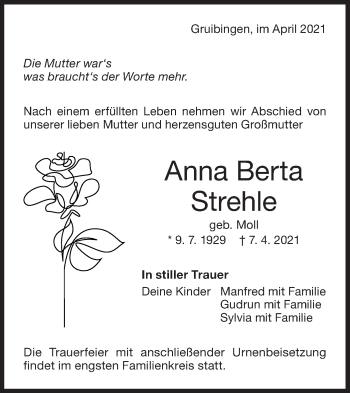 Traueranzeige von Anna Berta Strehle von NWZ Neue Württembergische Zeitung/Geislinger Zeitung