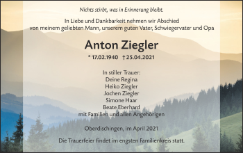 Traueranzeige von Anton Ziegler von SÜDWEST PRESSE Ausgabe Ulm/Neu-Ulm