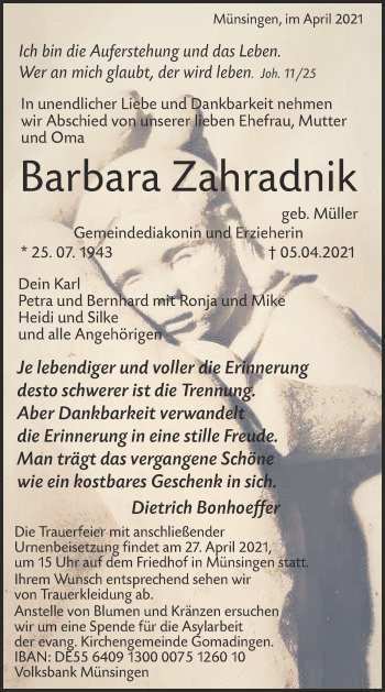 Traueranzeige von Barbara Zahradnik von Alb-Bote/Metzinger-Uracher Volksblatt