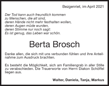 Traueranzeige von Berta Brosch von NWZ Neue Württembergische Zeitung