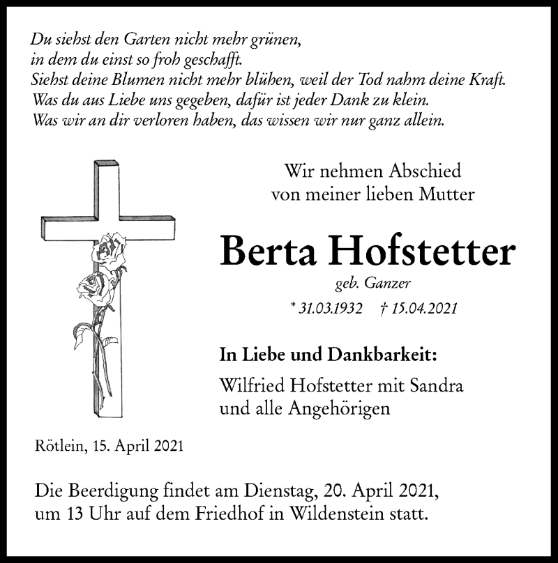  Traueranzeige für Berta Hofstetter vom 19.04.2021 aus Hohenloher Tagblatt