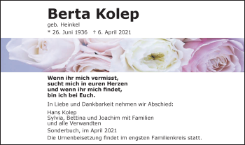 Traueranzeige von Berta Kolep von SÜDWEST PRESSE Ausgabe Ulm/Neu-Ulm