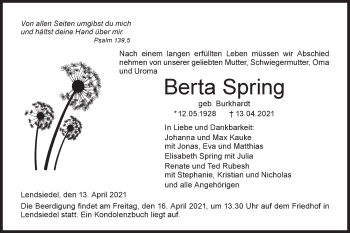 Traueranzeige von Berta Spring von Hohenloher Tagblatt