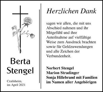 Traueranzeige von Berta Stengel von Hohenloher Tagblatt