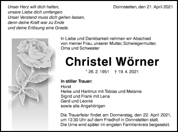 Traueranzeige von Christel Wörner von Alb-Bote/Metzinger-Uracher Volksblatt