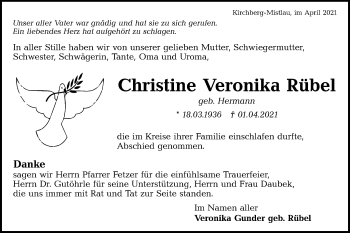 Traueranzeige von Christine Veronika Rübel von Hohenloher Tagblatt