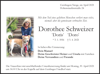 Traueranzeige von Dorothee Schweizer von Geislinger Zeitung