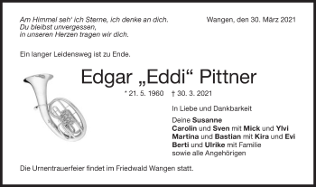 Traueranzeige von Edgar  Pittner von NWZ Neue Württembergische Zeitung