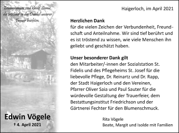 Traueranzeige von Edwin Vögele von Metzinger-Uracher Volksblatt