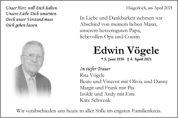 Traueranzeige von Edwin Vögele von Metzinger-Uracher Volksblatt