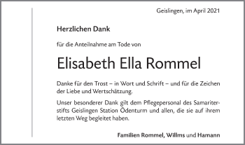 Traueranzeige von Elisabeth Ella Rommel von Geislinger Zeitung